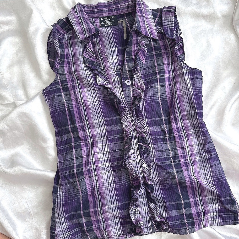 Faded Glory Purple Plaid Ruffle Sleeveless Shirt Kids XS 4-5 Cotton Blend Top